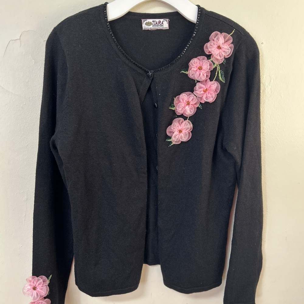 Tiara‎ International Black Cardigan with Pink Floral Embellishments size S/M